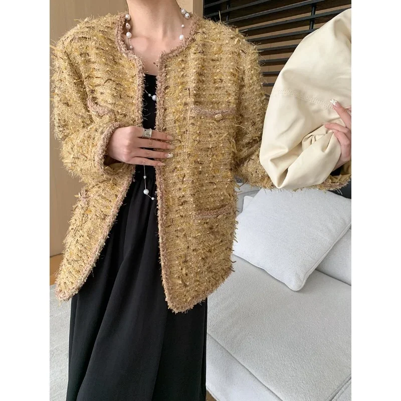 French Light Luxury Sequined Tweed Jacket O Neck Buttonless Long Sleeve Casual High Quality Autumn Small Fragrance Women Coat