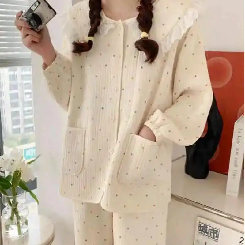 الأميرة منامة مجموعات المرأة سميكة الترفيه ارتداء طويلة الأكمام السراويل الطويلة الخريف الشتاء الدانتيل حافة دمية الرقبة ملابس النوم جديد #1