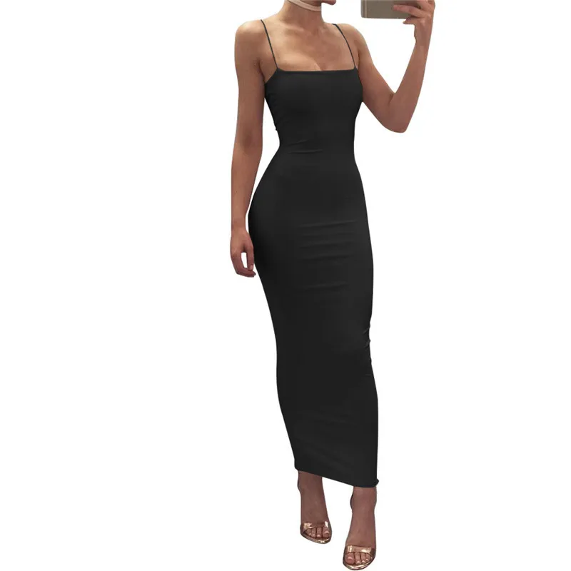 DZ-DZ Women Sexy Spaghetti Strap Bodycon Maxi Dress Square Neck Sleeveless Backless Cocktail Wedding Party Solid Long Dresses