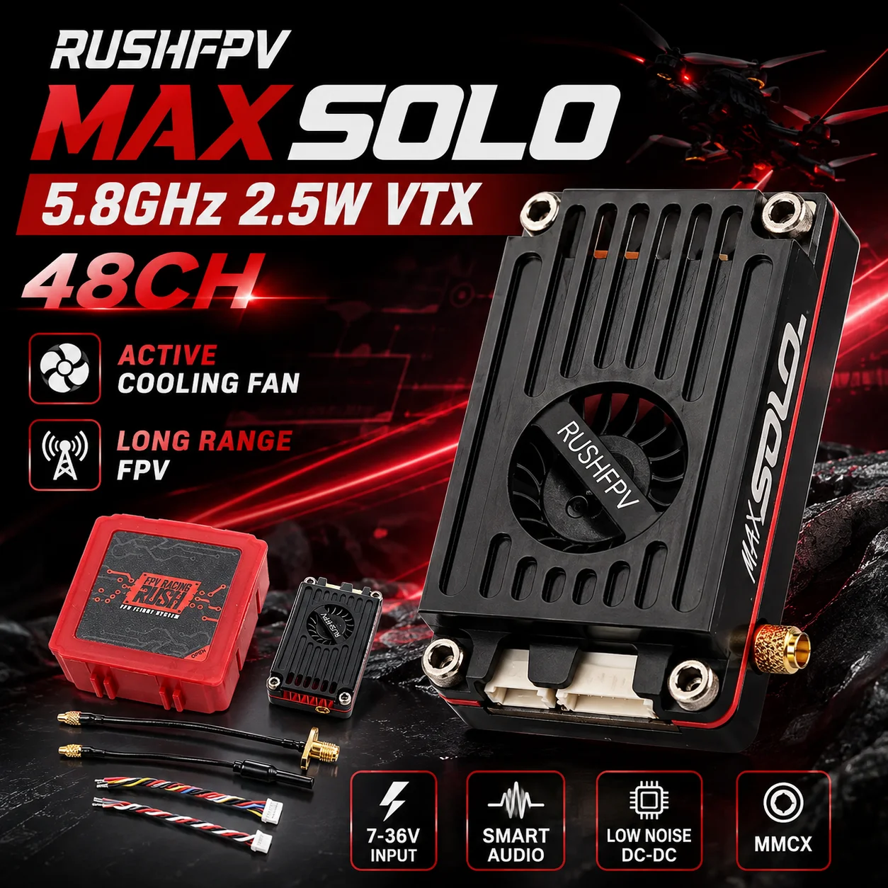 RUSHFPV CNC Shell MAX SOLO 5.8GHz 2.5W VTX 48CH Video Transmitter with Cooling Fan For RC FPV Freestyle Long Range Drone Parts