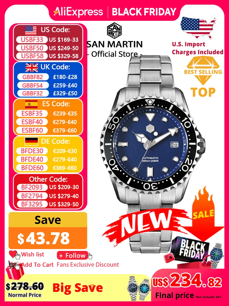 

San Martin New 40mm Diver Watch YN55 Enamel Dial Classic Luxury Men Automatic Mechanical Watches Sapphire Waterproof 300m SN0009