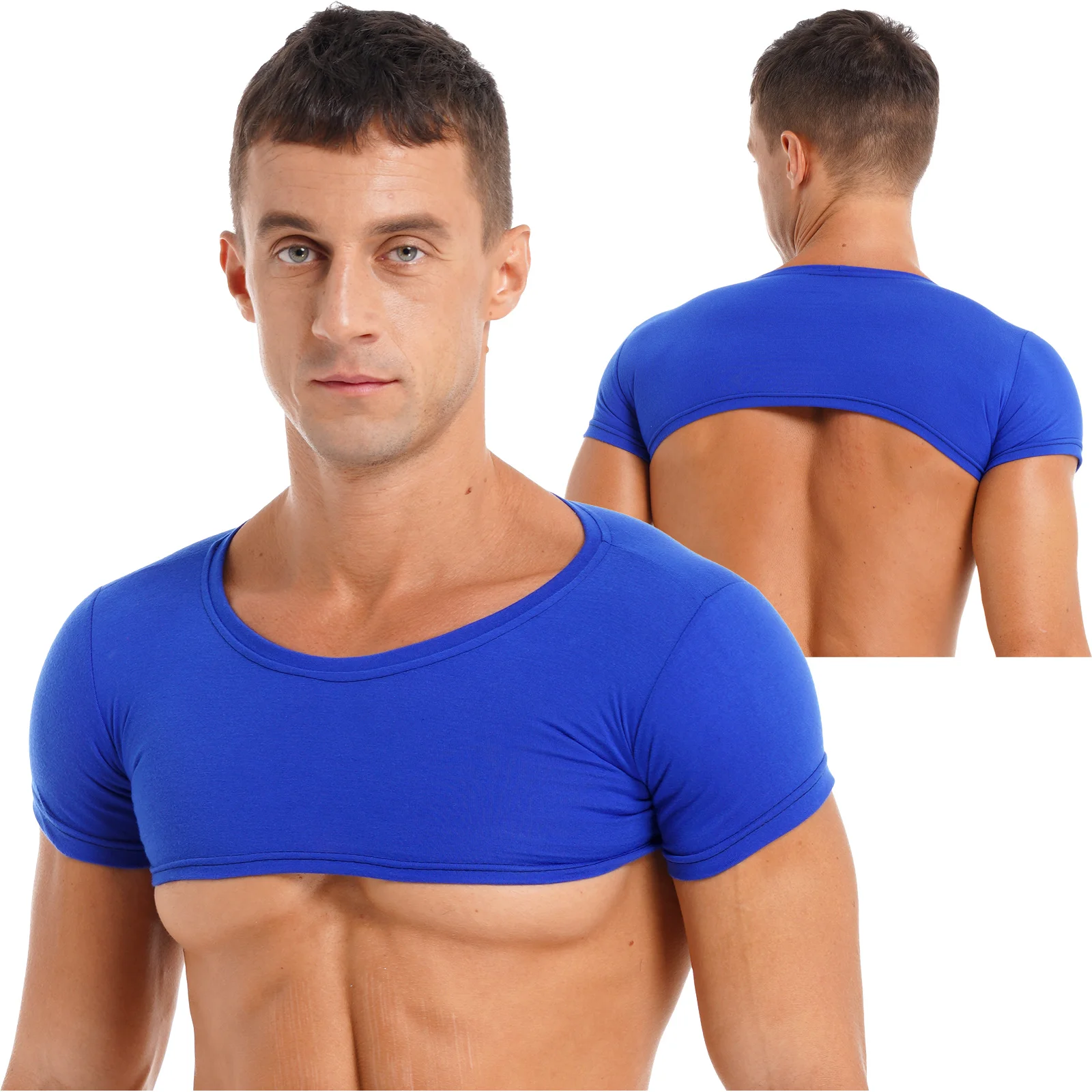 Mens Short Sleeve Crop Top Sexy Stage Performance Dancewear Round Neck T-Shirt Casual Solid Color Tops Beach Pool Party Clubwear