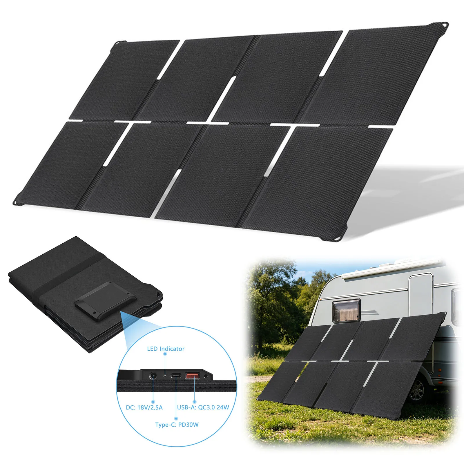 Lightweight Foldable Solar Charger with USB-A and USB-C Ports Flexible Sun-Powered Panel for Power Station Phone Camping Hiking