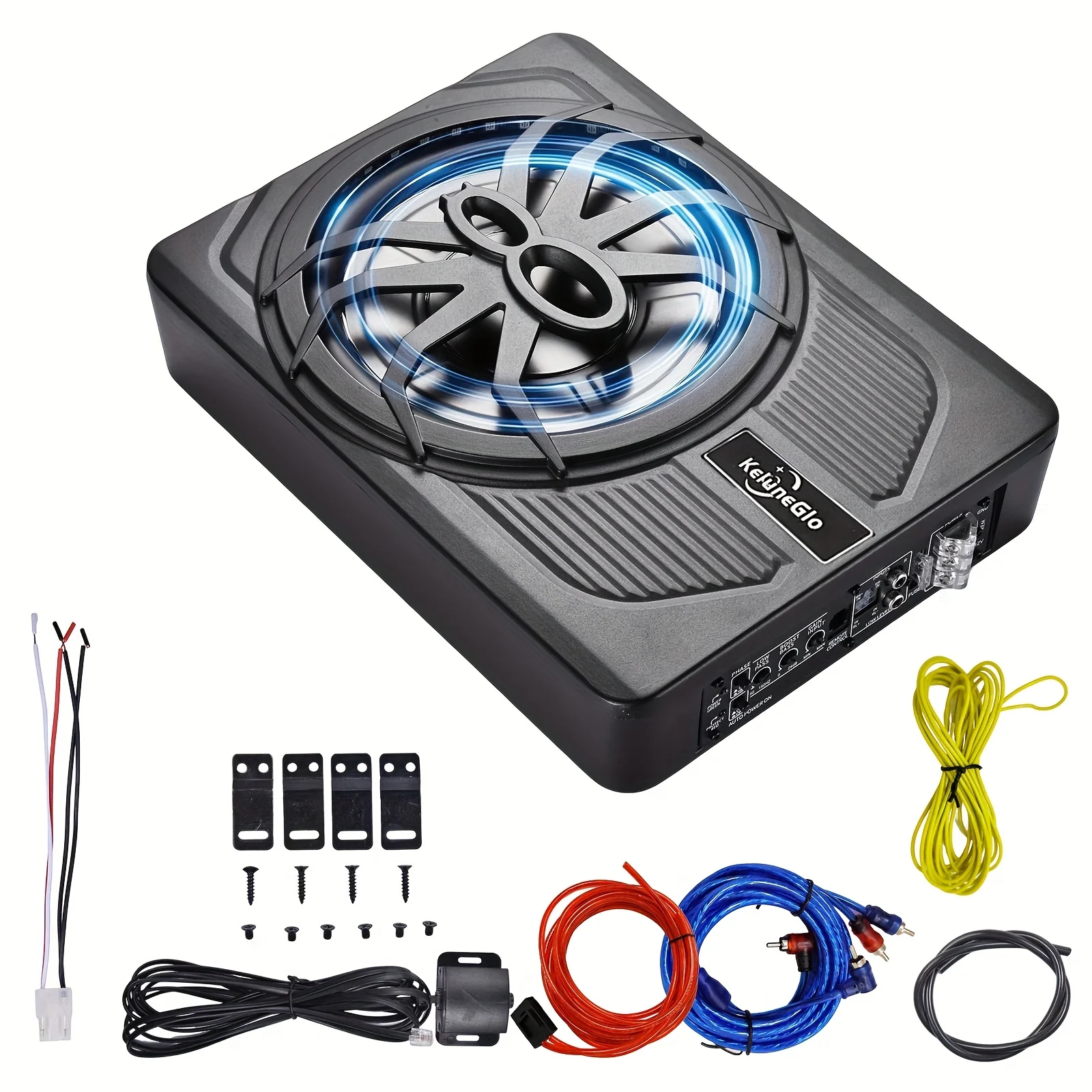 

KELUNEGLO 10" 1200W Slim Under-Seat Powered Sub W/ Wiring, Built-In Amp & Blue LED, Subwoofer with Built in Amp, Subwoofer Ampli