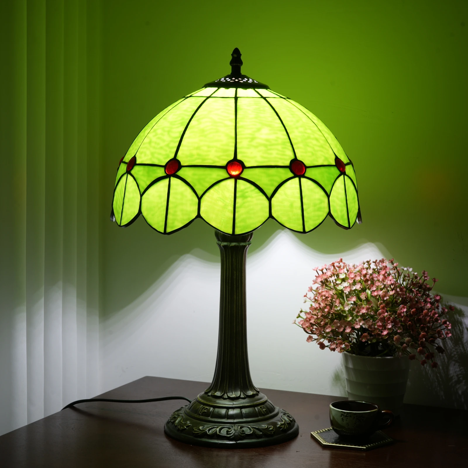 Tiffany Lamp Stained Glass Table Lamp 12 Inches Green Desk Reading Light Decor Beside Bedroom Living Room Home Christmas Gift