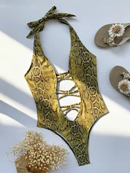sexy snake print swimsuits one piece front hollow out deep v-neck bikinis women thong swimwear bathing suits biquini tankini
