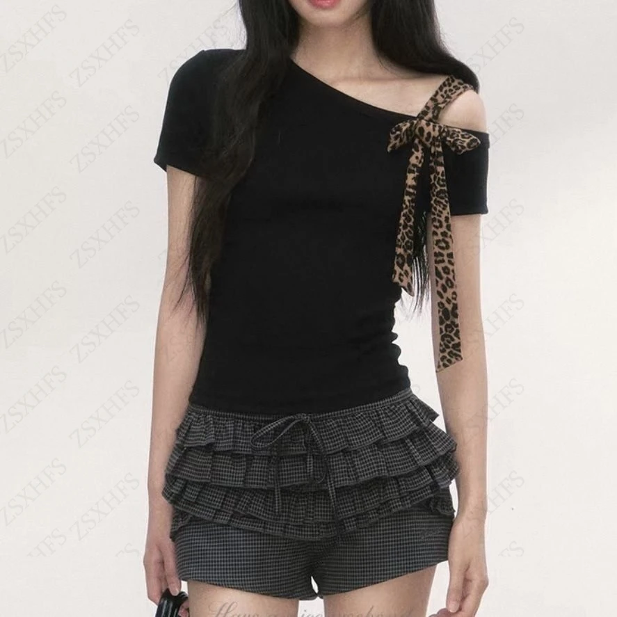 Punk Summer Vacation Casual T-Shirt Y2K Sweet Women Clothes Spiy Girl Eleagnt Off Shoulder Halter Chic Lace-up Streetwear Tops