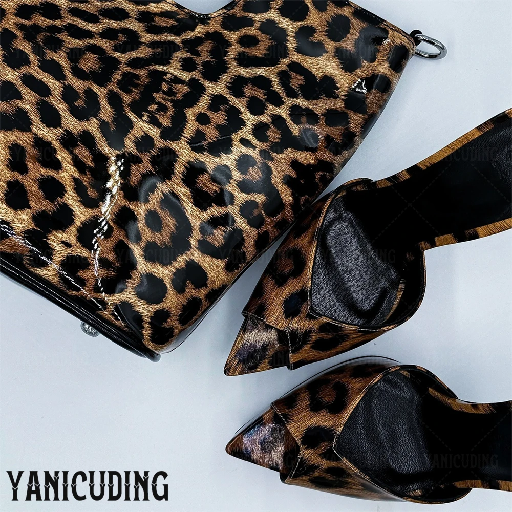Leopard Print Patent Leather Platform Mules Sexy Pointed Toe Stilettos Fashionable Style Summer High Heeled Slippers for Women #5