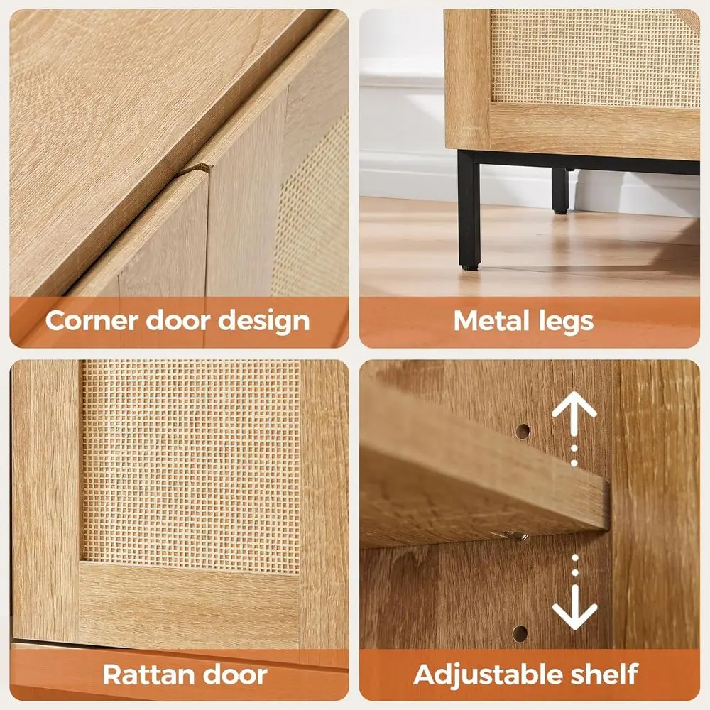 Buffetschrank aus natürlichem Rattan mit 2 Türen, Metallgestell, verstellbares Regal für Küche, Kaffeebar, Eingangsbereich, Flur, Wohnzimmer