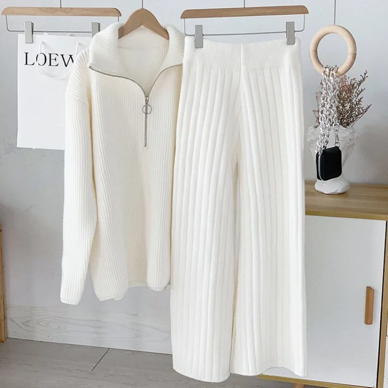 

Knitted Sweaters and Wide-leg Pants Female 2 Pieces Set Women's High Waist Tracksuit Autumn Winter Solid Long Sleeve