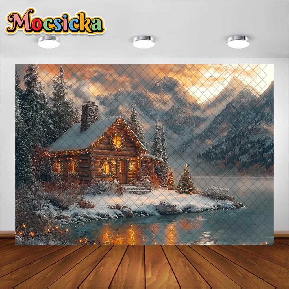 Fondo de fotografía de cabina de Navidad, suministros de decoración de río de montaña al aire libre, telón de fondo de vacaciones para adultos y niños, accesorios de estudio
