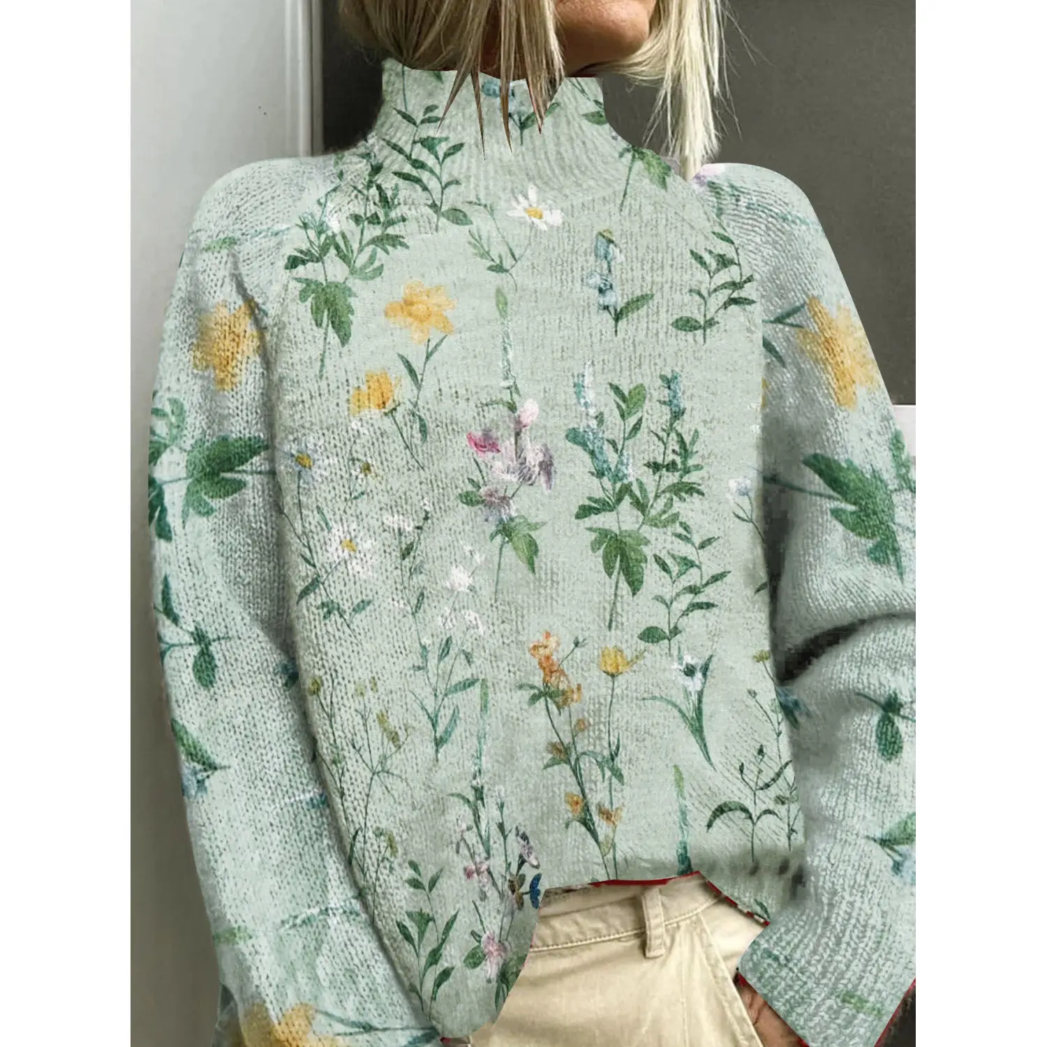 

Vintage French Style Green Floral Sweater Popular New and Beautiful Design, Loose and Slimming Printed Sweater, Niche Trend