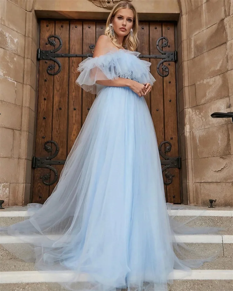 Fairy Light Blue Long Prom Dresses Wedding Party Off Shoulder Pleats Elegant Evening Party Dress Appliques vestidos de noche