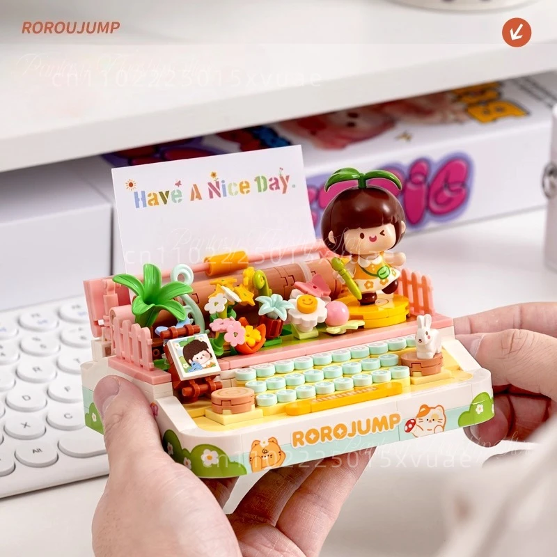 New Product Meat Sauce Building Block Flower Field Typewriter Gramophone Assemble Cute Toy Models Ornaments Girls Christmas Gift