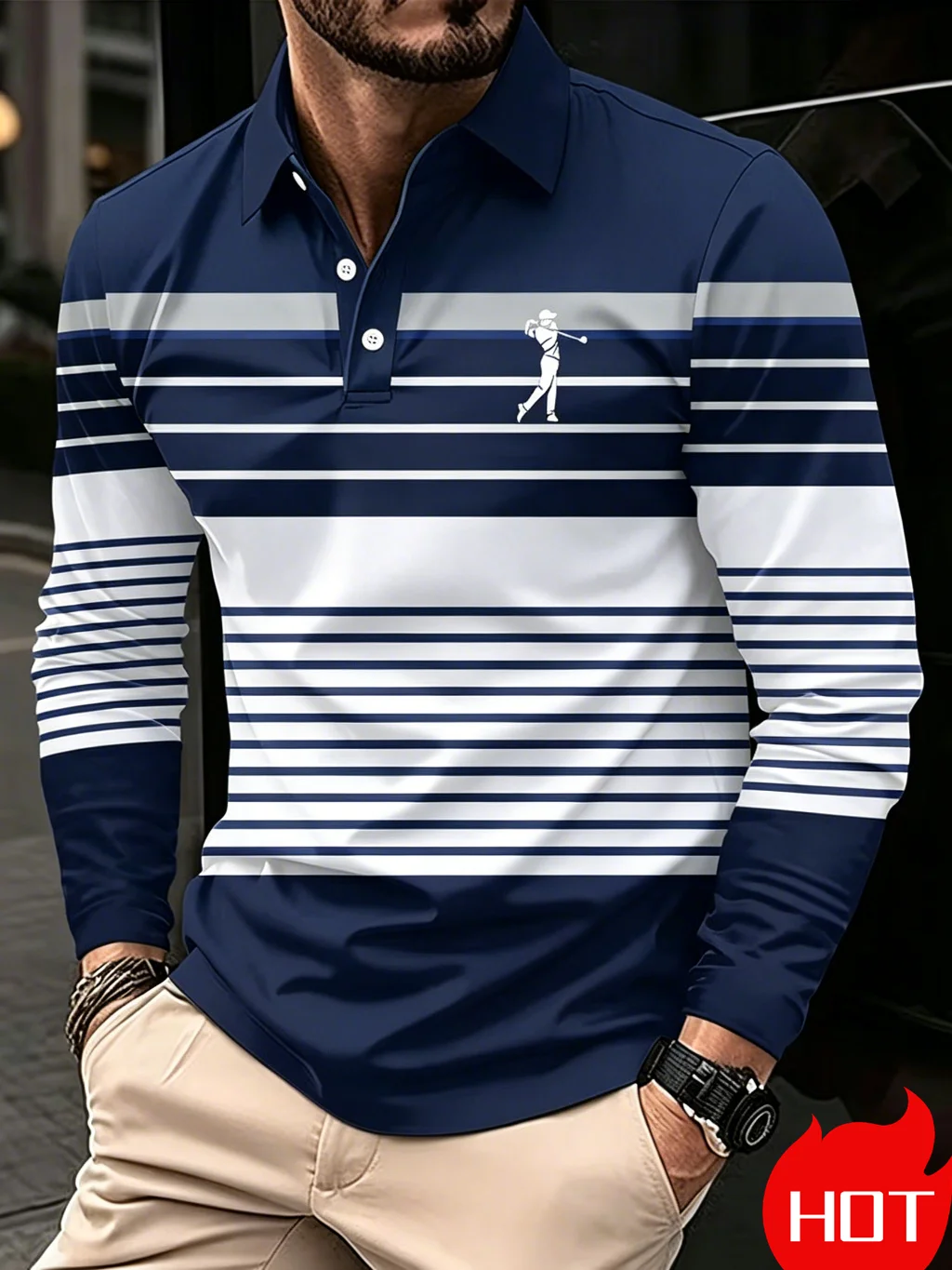 Spring and Autumn Outdoor Golf Stripe Pattern Men's Polo Shirt Fashion Men Long Sleeve Business Casual Oversized Men's Clothing