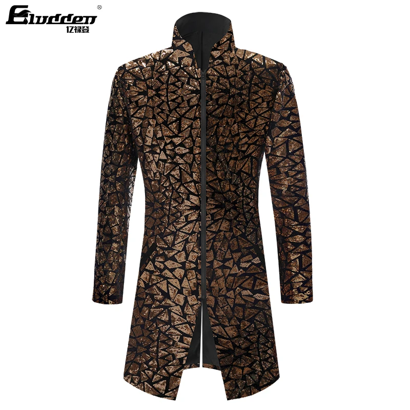 Men Double-sided Colorful Sequins Long Suit Jacket Blazer Male Gradient Sequins Coat Stage Singer Costume Shiny trench jacket