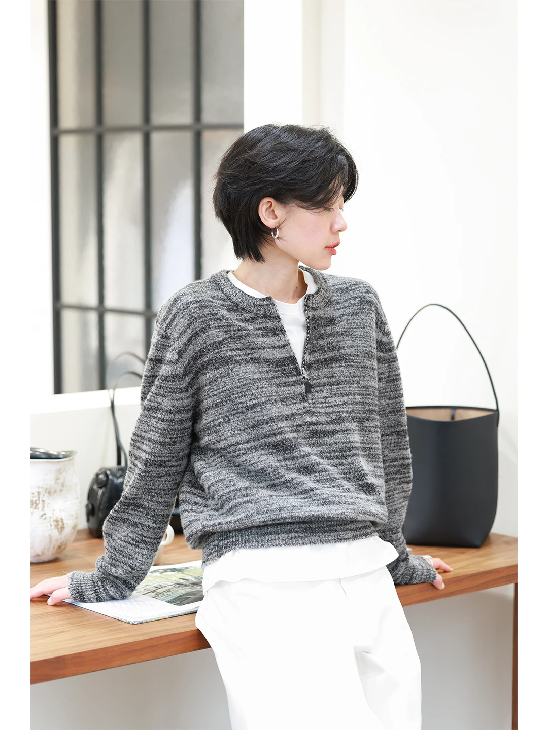 

Женский свободный вязаный шерстяной свитер с круглым вырезом и молнией, из фактурной пряжи, оверсайз, удобный, зимний, новый, в стиле lazy, с длинными рукавами