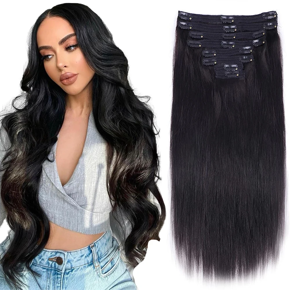 Straight Clip In Human Hair Clip in Hair Extensions for Black Women 100% Human Hair Set Virgin Hair Natural Black Color