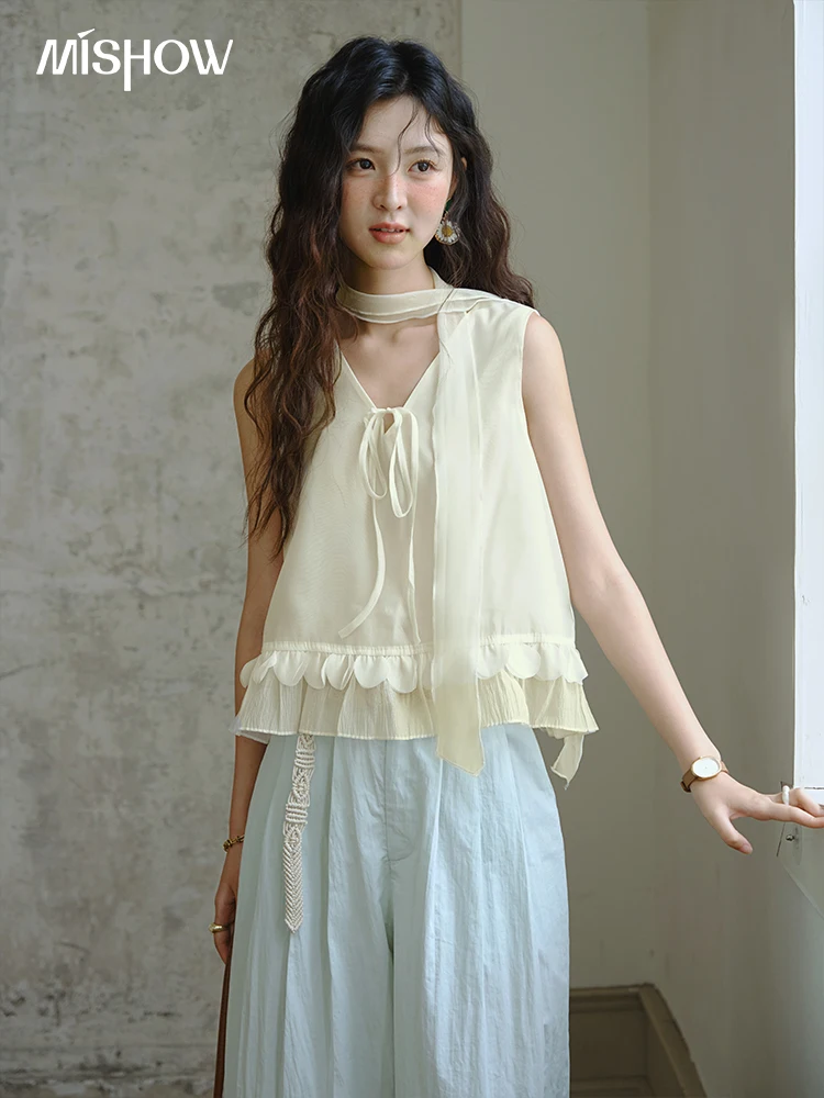 

MISHOW Fashion Sleeveless Women's Blouse 2025 Summer New V-neck Lace Splicing Lace Up A-Line Top Female Clothing MXE34X1838