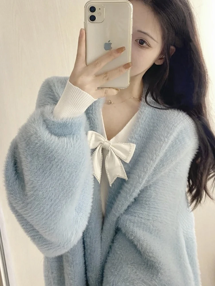 White Long Cardigan Women Korean Fashion Elegant Knitted Fluffy Sweater Female Autumn Winter Vintage Sweet Casual Loose Cardigan