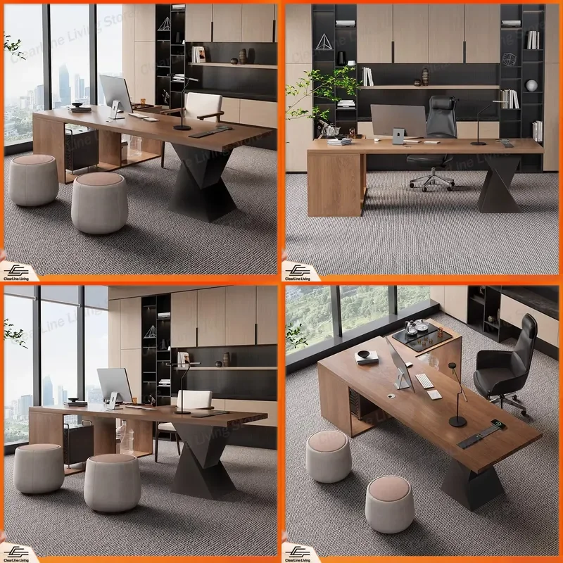 Simple Modern Solid Wood Desk with Tea Table Integrated President Office Table Large Executive Desk Light Luxury High End