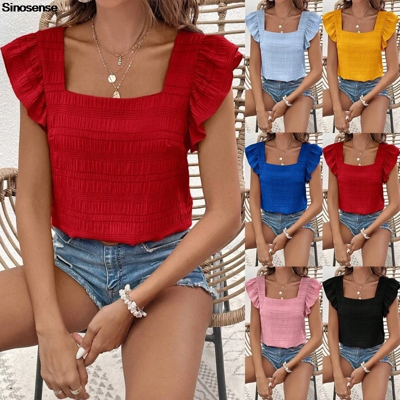 

Womens Ruffle Short Sleeve Shirts Square Neck Basic Tunic Tops Y2K Street Date Travel Boho Beach Summer Work Office Blouses