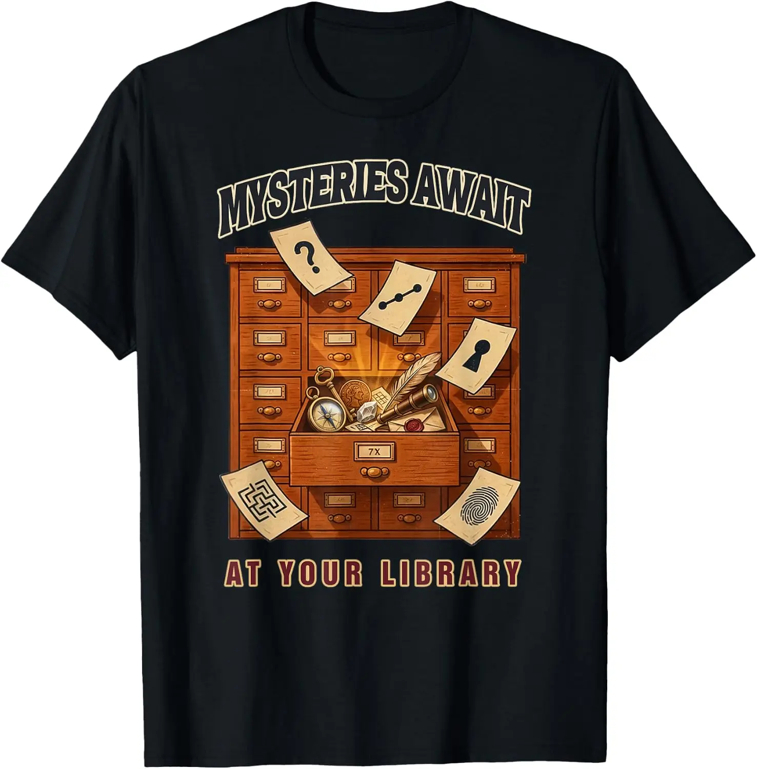 Mystery Card Catalog Clues 2027 Summer Reading T-Shirt Unisex Holiday Theme Graphic Print T‑Shirt Halloween Christmas Thanksgiving Festive Party Short Sleeve Cotton Tee Tops Men Women.