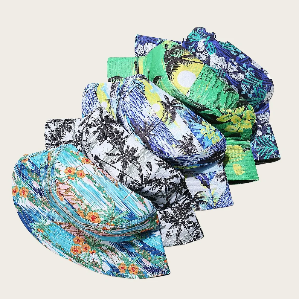 Hawaii tropical island palm flower printed bucket hat, suitable for both men and women, a fishing hat with ocean wave pattern, f