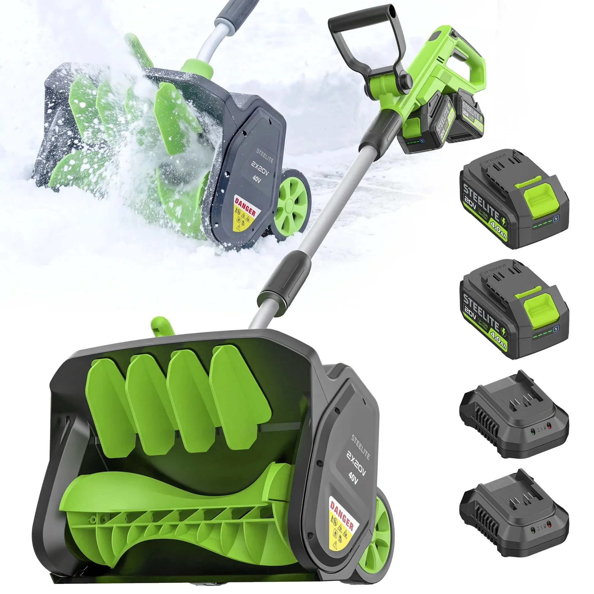 17 Inch Cordless Snow Shovel with Wheels Brushless Motor 2x21V 2 4.0Ah Batteries Dual Charger for Patio