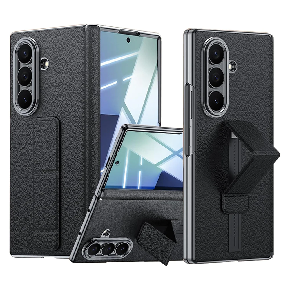 

For Samsung Galaxy Z Fold 7 Leather Case Scalable Hand Strap Kickstand Built in Screen Protector All Inclusive Shockproof Cover
