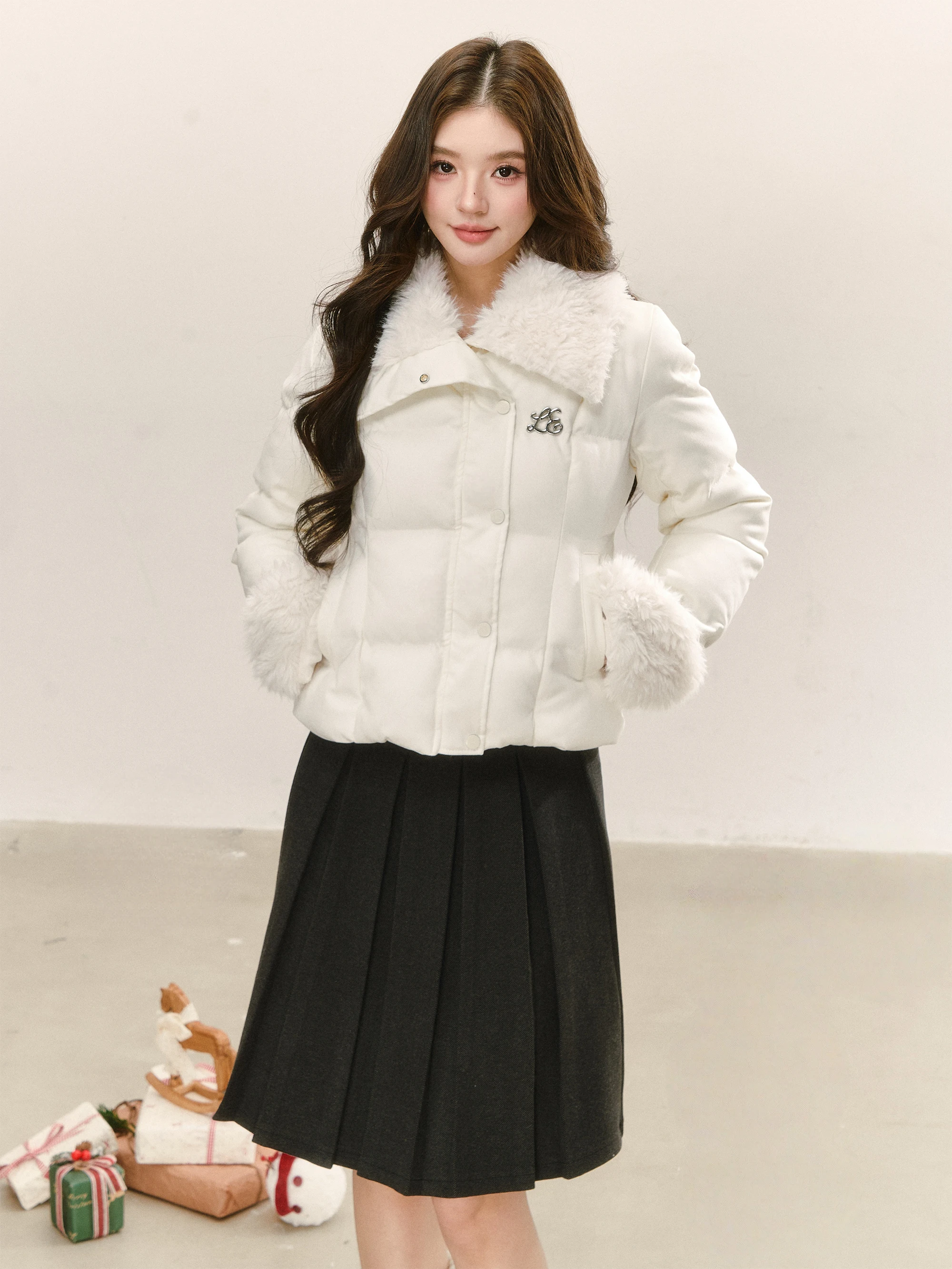 

Warm White Collar Cotton Jaet Women's Winter New Sle Thermal Cotton Coat Ladies Faion College Sle Turn-down Collar Co...