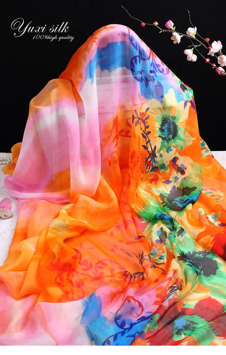 100%  silk scarf  Women Printed  Orange floral silk scarf ladies Hangzhou  all seasons  elegant  soft Long Shawl Wrap  spring