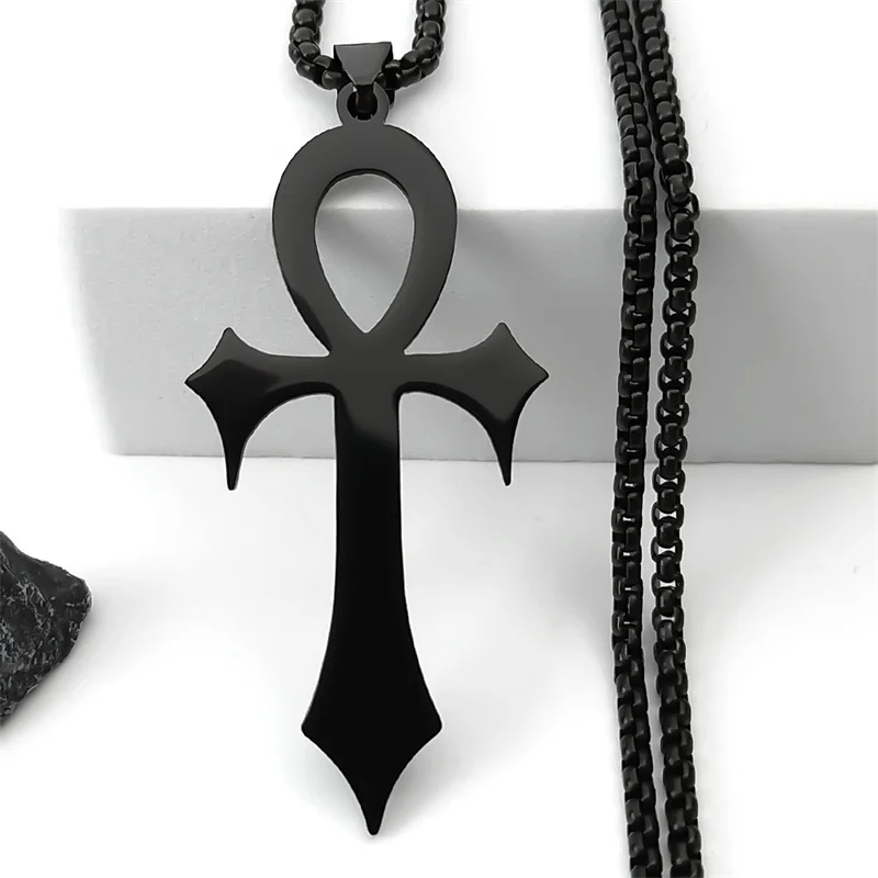 Goth Egyptian Cross Ankh Key of Life Necklace Stainless Steel Black Color Amulet Religious Necklaces Gothic Jewelry Gift N8582