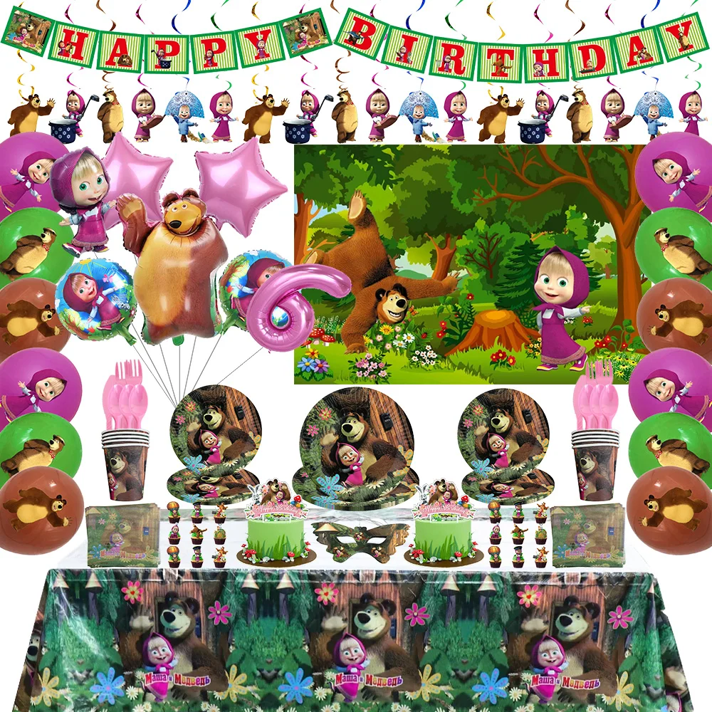 Mashas and the Bear Birthday Party Decoration Balloons Gift Bags Cups, Plates and Napkins Tablecloths Baby Shower Party Supplies