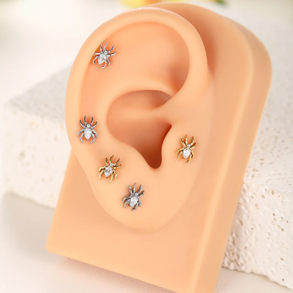 1/5PCS Titanium Spider EAR Studs PIERC CZ Paved Top Threaded Labret Tragus Earring Cartilage Helix Daith Stud Piercings Jewelry