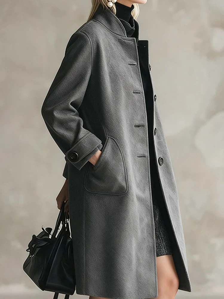 

High-end Gray Stand Collar Long Sleeve Woolen Coat Fashion Single Breasted Straight Commute Overcoat Women Simple Pocket Outwear
