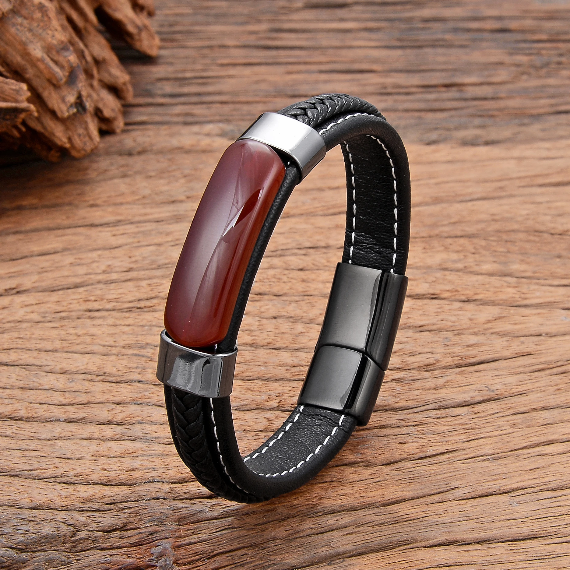 Natural Hematite Pink Crystal Tiger Eye Stone Bracelets Men\'s  Jewelry Braided Leather Handmade Male Bangles New In 2022