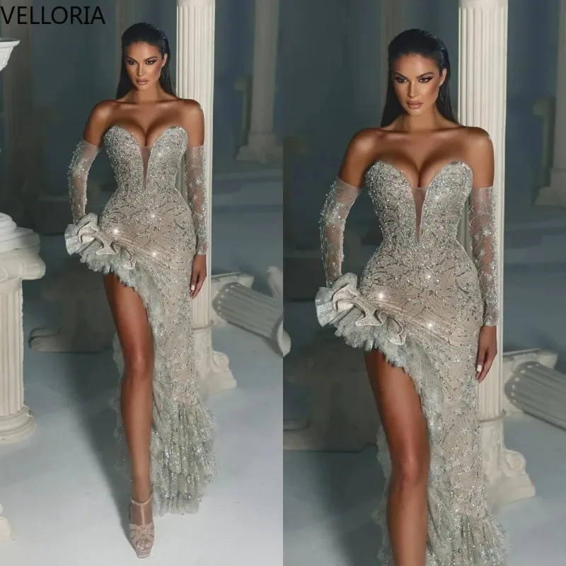 

Sexy Sweetheart Sequined Prom Dresses Sparkly Tiere Ruffle Evening Dress Customized Floor Length Side Slit Party Cocktail Gown