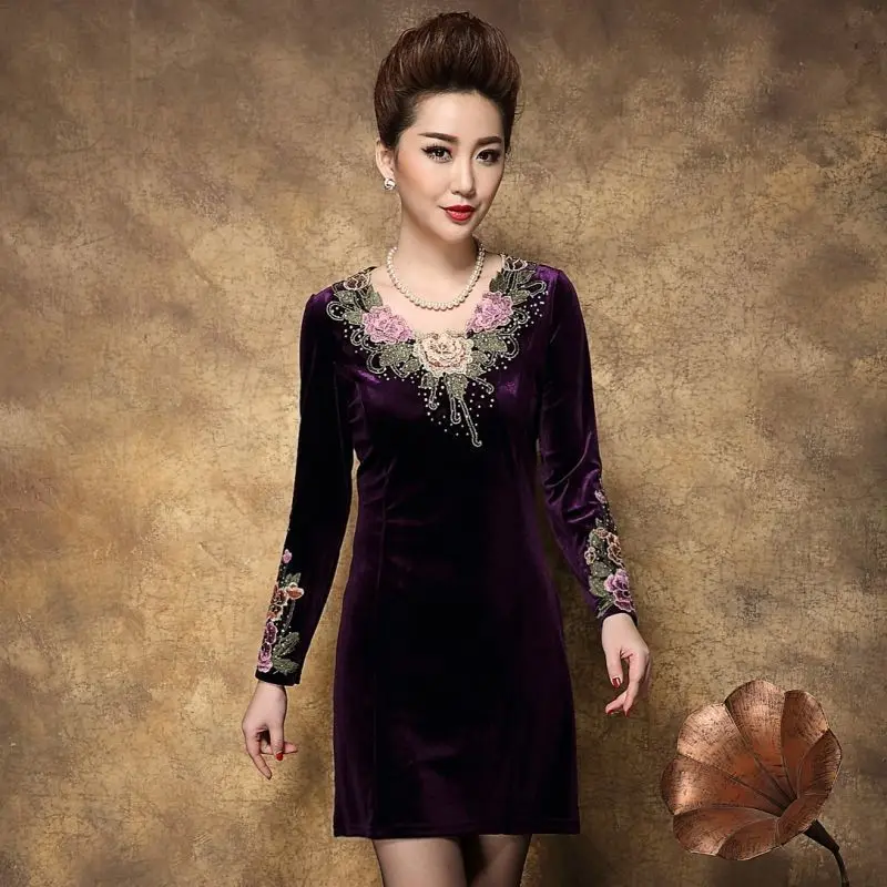 ربيع الخريف فستان مطرز بأكمام طويلة منتصف العمر الأم فستان أنيق W1754 المرأة الذهب المخملية فستان 2025 #5