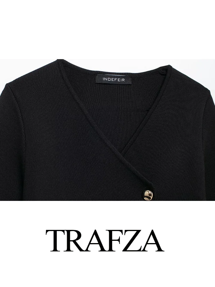 TRAFZA Autumn Coats Woman 2024 Trendy Black V-Neck Long Sleeves Single Breasted Sweater Tops Female Casual Slim Cardigans