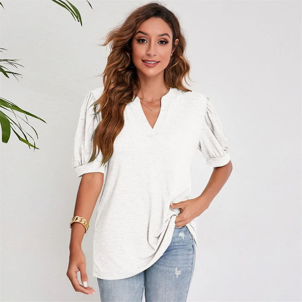 

Woman Clothing Summer T-shirt Puff Short Sleeve Tops Tees Korean Popular Clothes T Shirts for Women Blouses Gray Green Tshirt