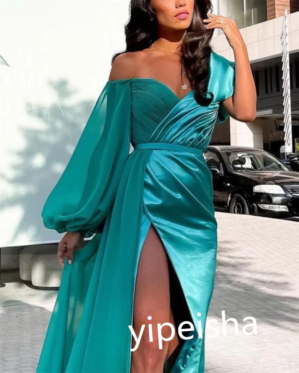 Women Matching Off-the-shoulder A-line Floor Length Evening Dress Formal Ocassion Gown Satin vestidos para mujer gala