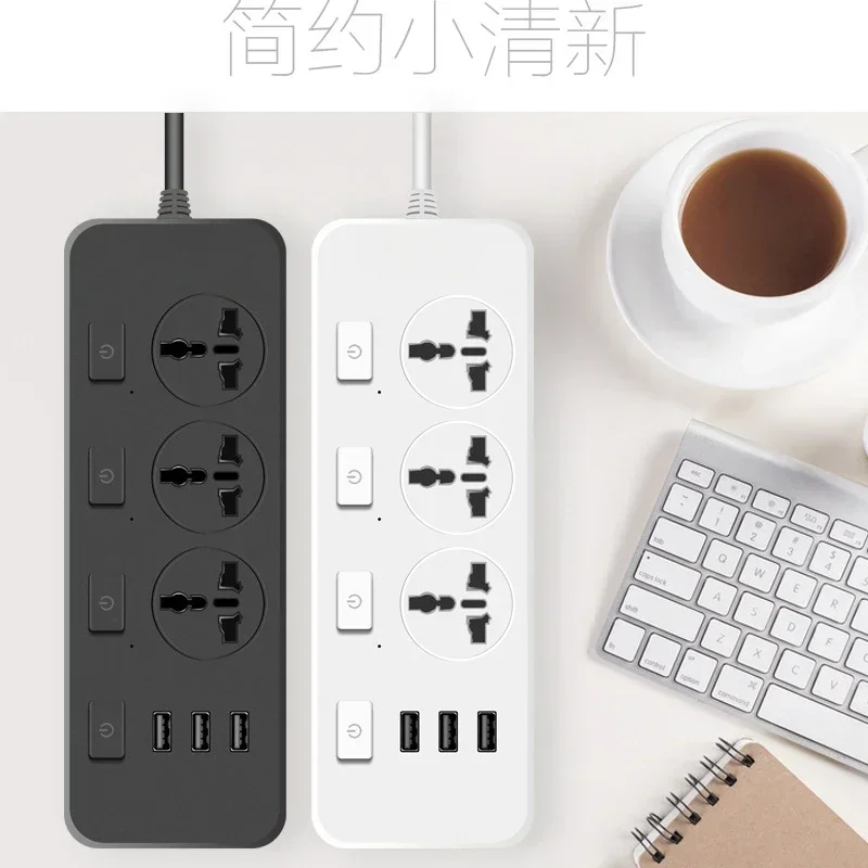 Universal Electric Plug Socket 2500W US UK EU Plug Power Strips Extension Lead Cable 3 USB Ports Flat Outlet Extender Cord