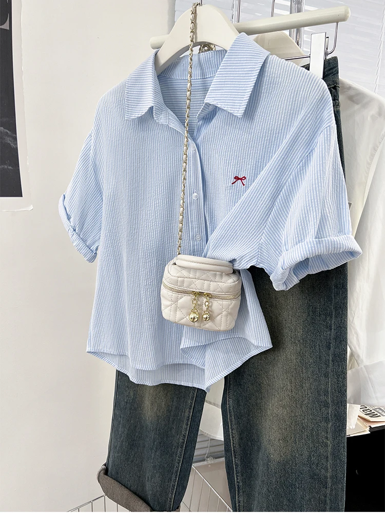 

Korean Style Short Sleeved Bow Striped Embroidered Shirt For Women's Summer Casual Tops Single Breasted Shirt