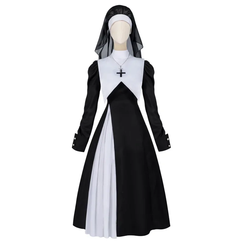 

Game uniform role play black long dress with veil necklace shawl full set New Easter Halloween cosplay sexy cross nun costume