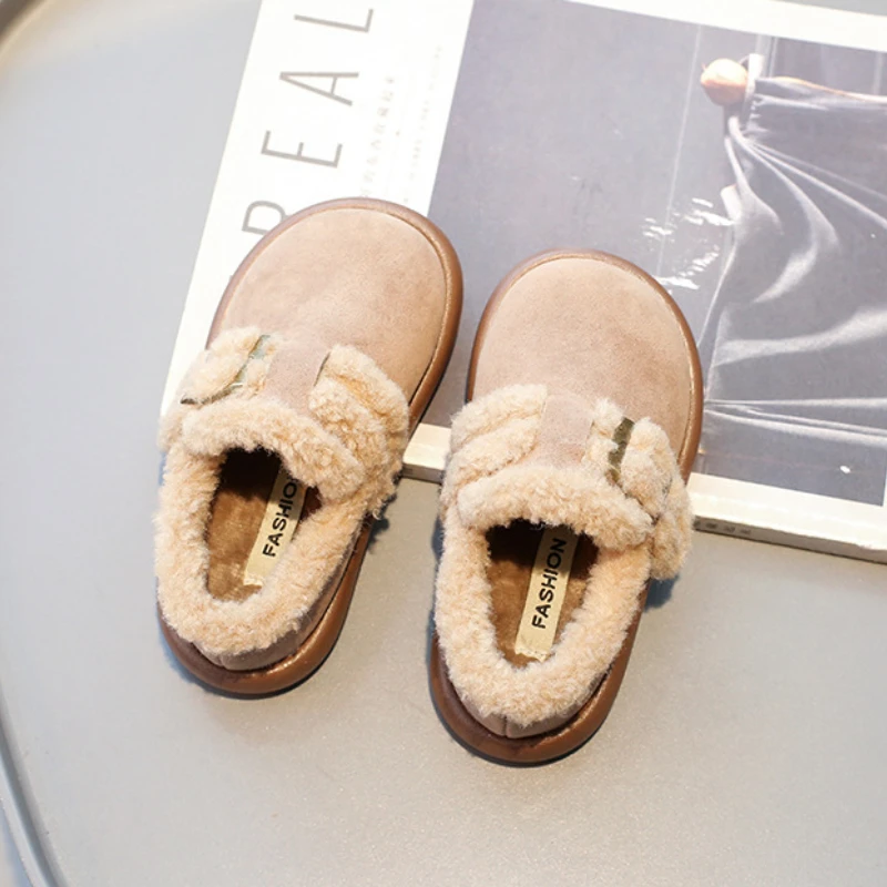 Winter Warm Girls Shoes Suede Round Toe Retro Flat Shoe Thicken Plush Kids Shoes Soft Sole Non-slip Children Cotton Shoe 여아구두