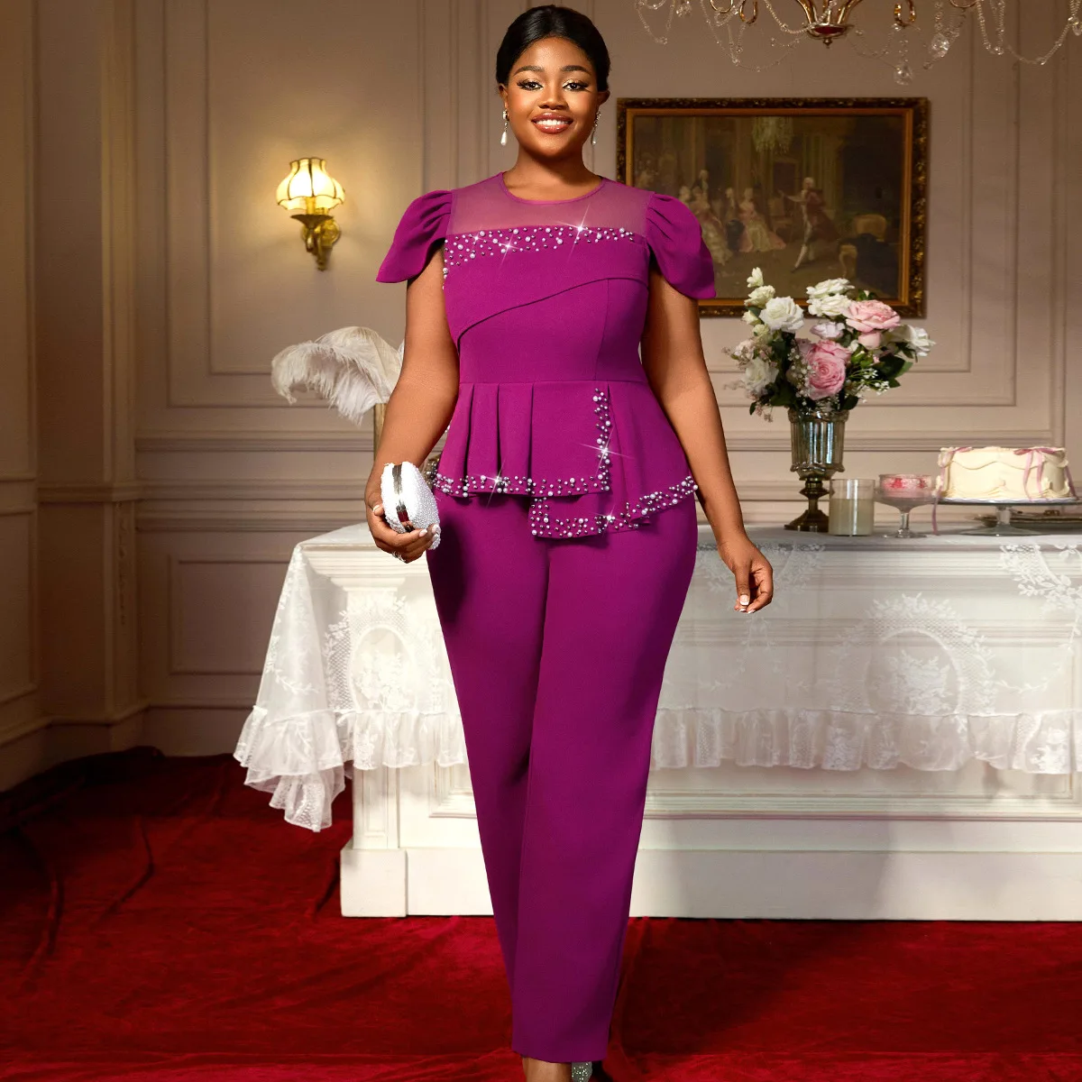 

L-4XL Plus Size African Clothes for Women Elegant Short Sleeve O-neck Polyester Party Evening Long Jumpsuit Africa Clothing