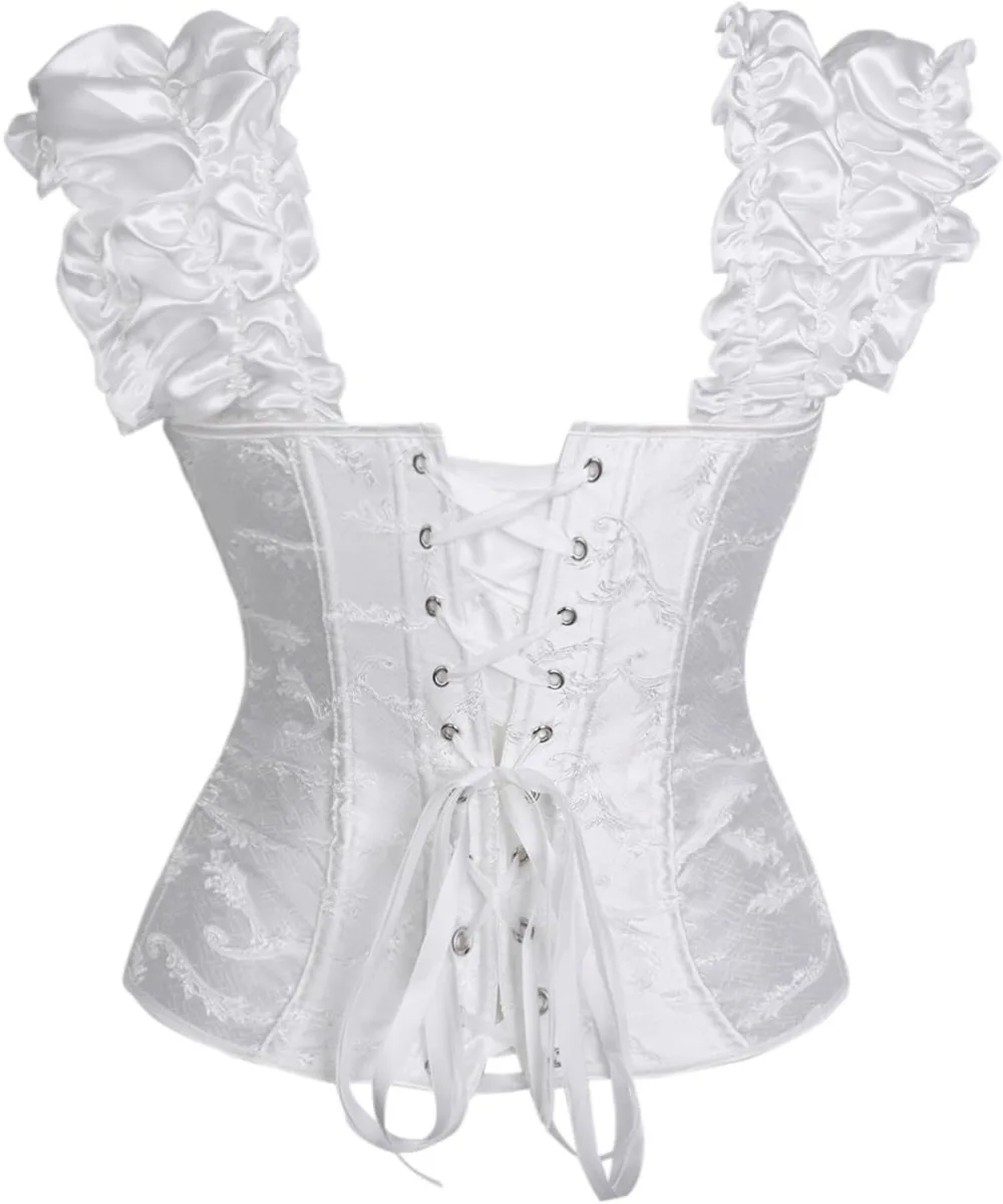 Women's Lace up Gothic Jacquard Corset Shoulder Straps Puff Sleeve Tank Overbust Shaper Bustiers Top Bridal Dress - view 4