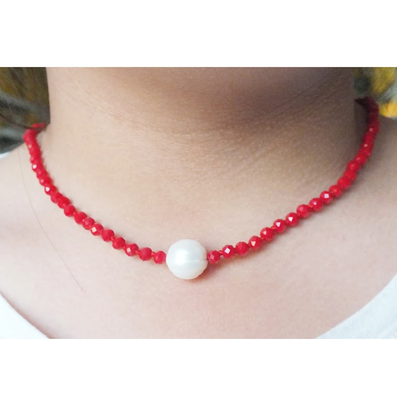 

4mm red crystal, white natural pearls Most classic ladies party, necklace 18" Many latest necklaces to choose from