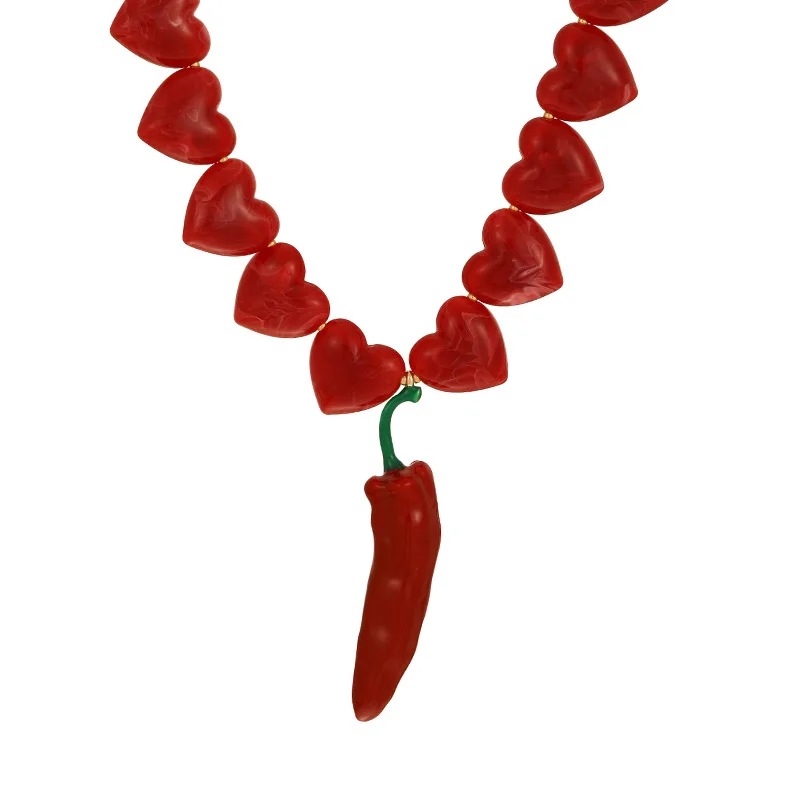 1pc Stylish And Simple Copper Drop Oil Chili Pendant Resin Love Beaded Necklace, Suitable For Ladies\' Parties And Everyday Wear